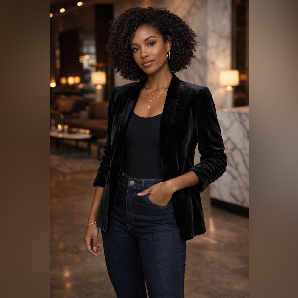 Premise Petite Black Velvet Blazer Jacket 8P Ruched Sleeve Open Front NWT